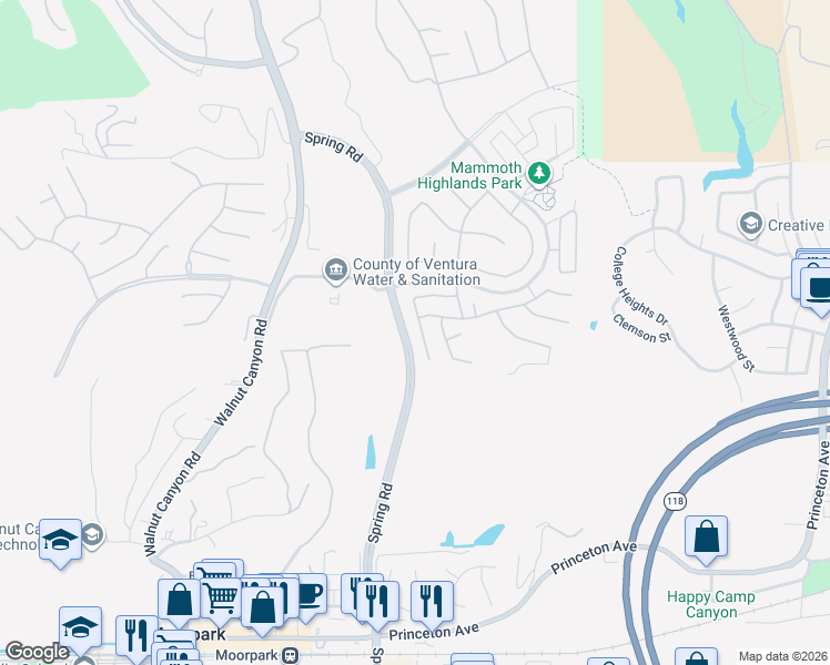 map of restaurants, bars, coffee shops, grocery stores, and more near 6573 Pinnacle Court in Moorpark