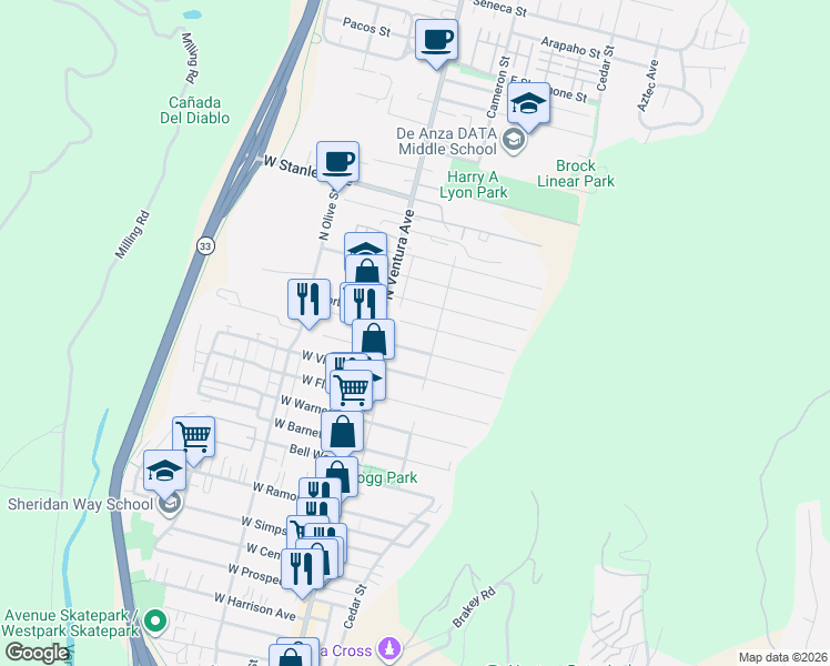 map of restaurants, bars, coffee shops, grocery stores, and more near 120 East Lewis Street in Ventura