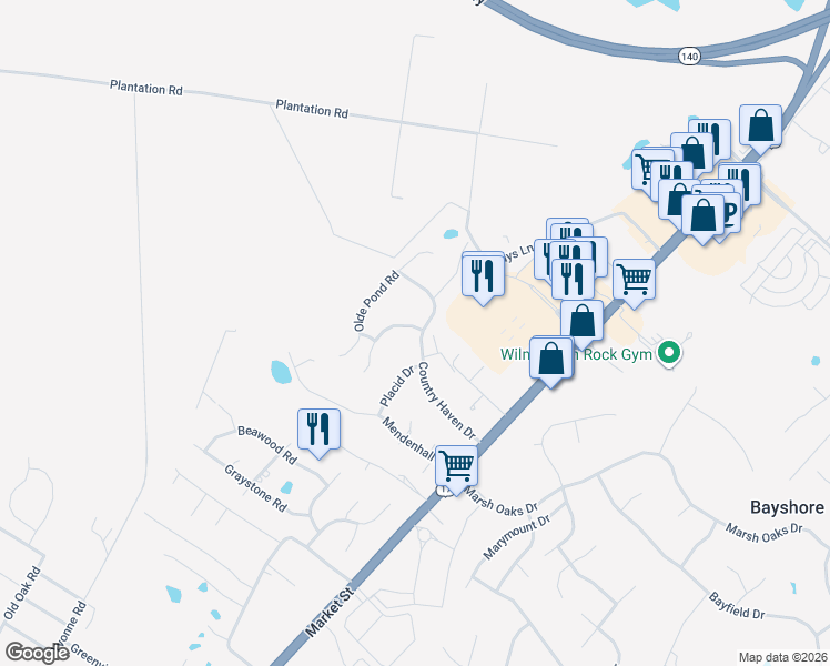 map of restaurants, bars, coffee shops, grocery stores, and more near 215 Country Haven Drive in Wilmington