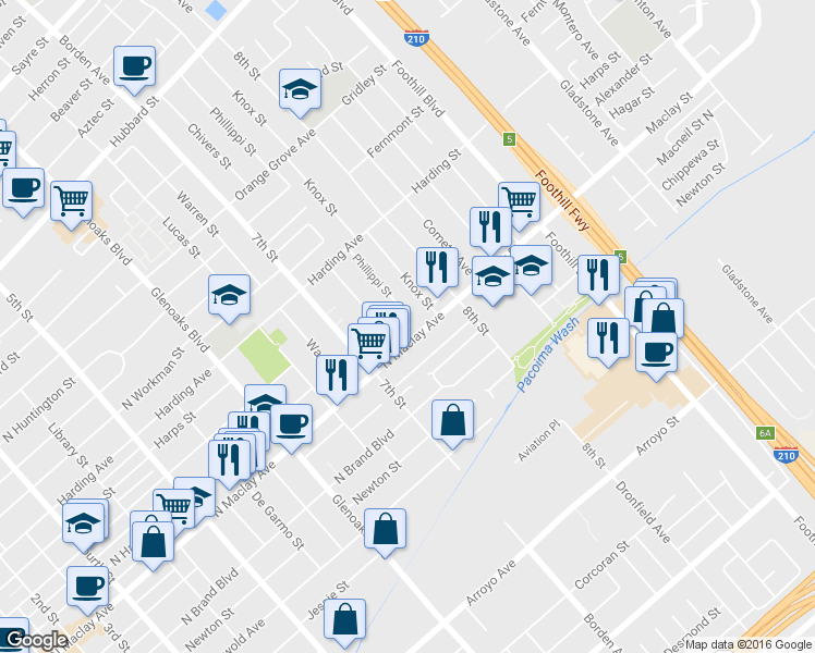 map of restaurants, bars, coffee shops, grocery stores, and more near 1075 North Maclay Avenue in San Fernando