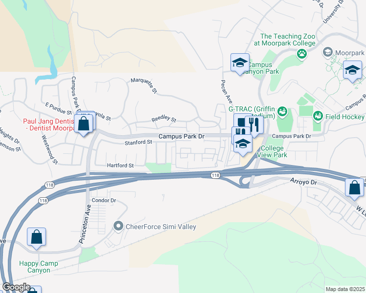 map of restaurants, bars, coffee shops, grocery stores, and more near 15007 Varsity Street in Moorpark