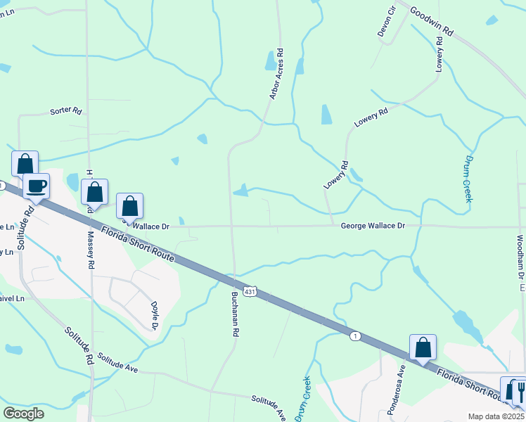 map of restaurants, bars, coffee shops, grocery stores, and more near 663 George Wallace Drive in Albertville