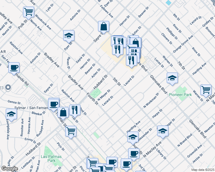 map of restaurants, bars, coffee shops, grocery stores, and more near 520 Fayecroft Street in San Fernando