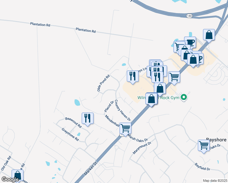 map of restaurants, bars, coffee shops, grocery stores, and more near 215 Country Haven Drive in Wilmington