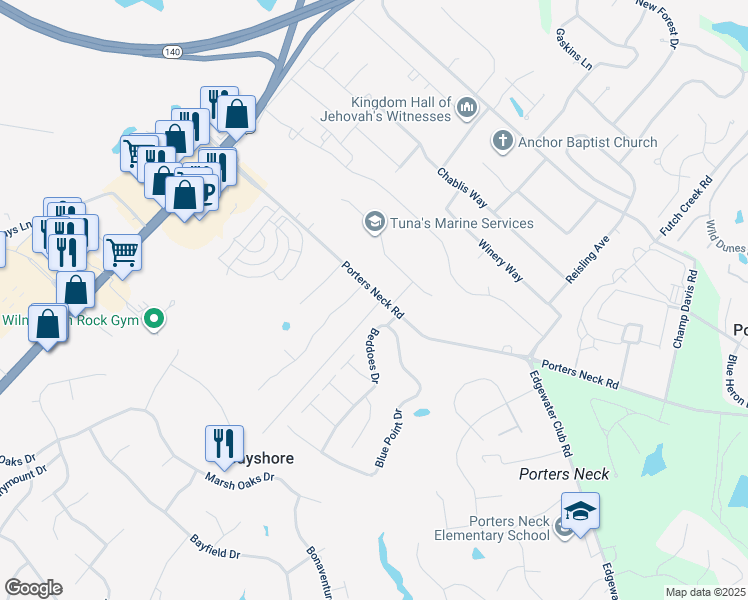 map of restaurants, bars, coffee shops, grocery stores, and more near 8237 Furtado Drive in Wilmington