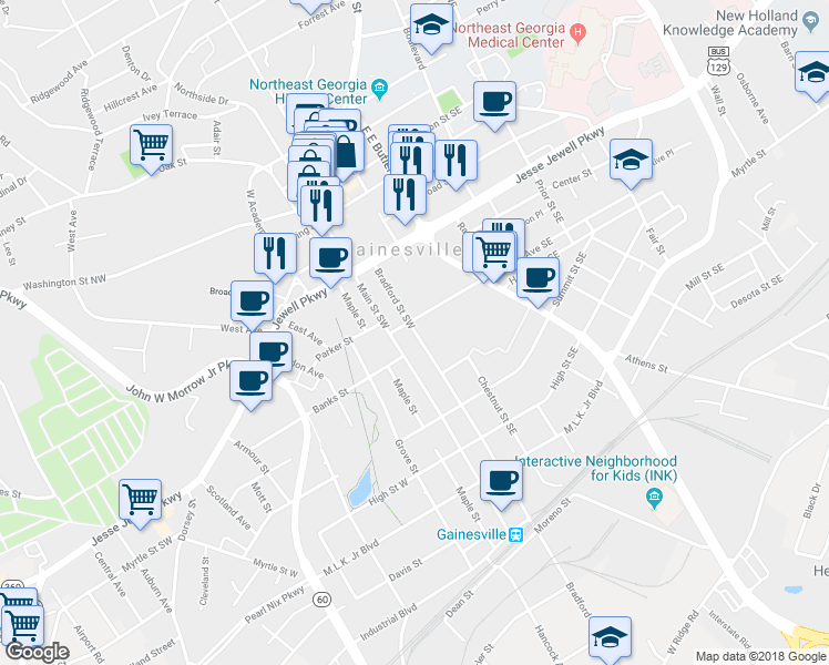 map of restaurants, bars, coffee shops, grocery stores, and more near 620 Bradford Street Southwest in Gainesville