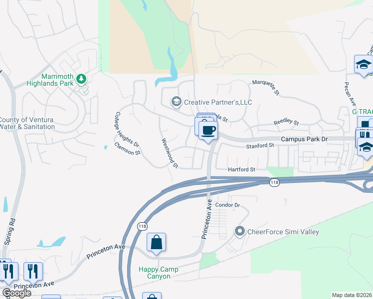 map of restaurants, bars, coffee shops, grocery stores, and more near 14466 East Rutger Circle in Moorpark