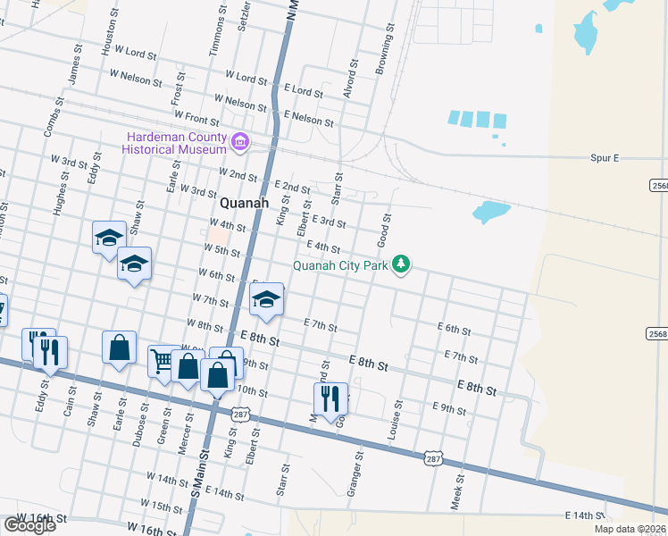 map of restaurants, bars, coffee shops, grocery stores, and more near 402 East 4th Street in Quanah