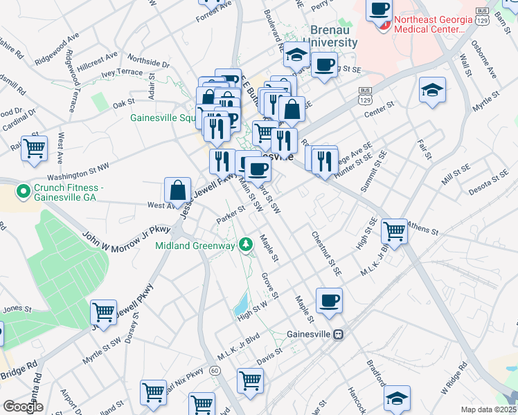 map of restaurants, bars, coffee shops, grocery stores, and more near 528 Bradford Street Southwest in Gainesville
