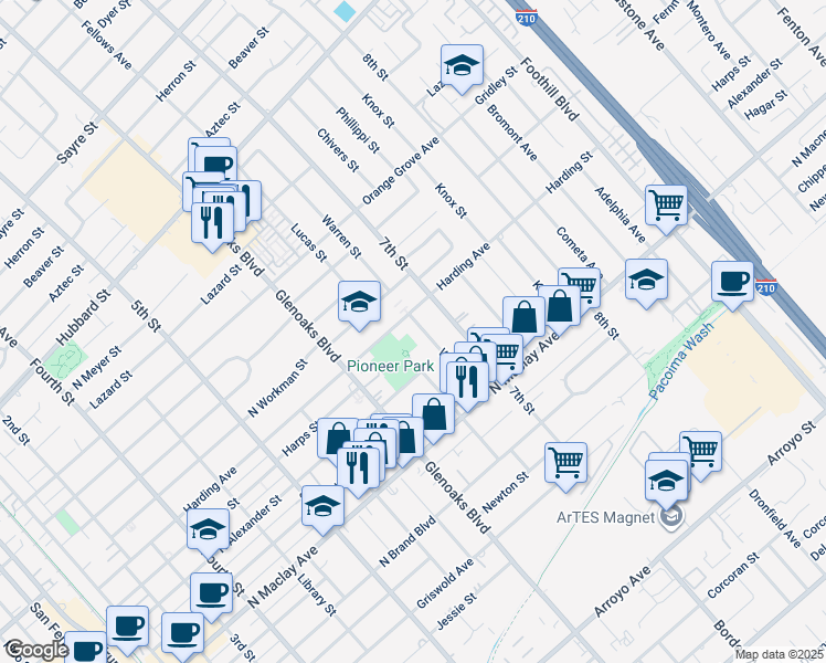 map of restaurants, bars, coffee shops, grocery stores, and more near 925 Harding Avenue in San Fernando