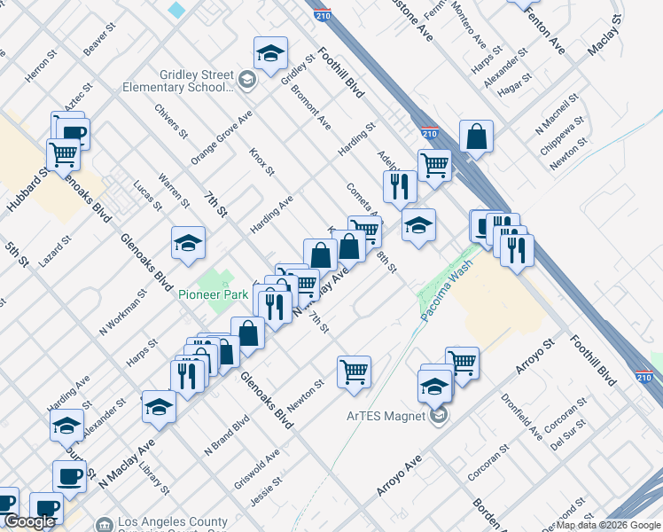 map of restaurants, bars, coffee shops, grocery stores, and more near 1075 North Maclay Avenue in San Fernando