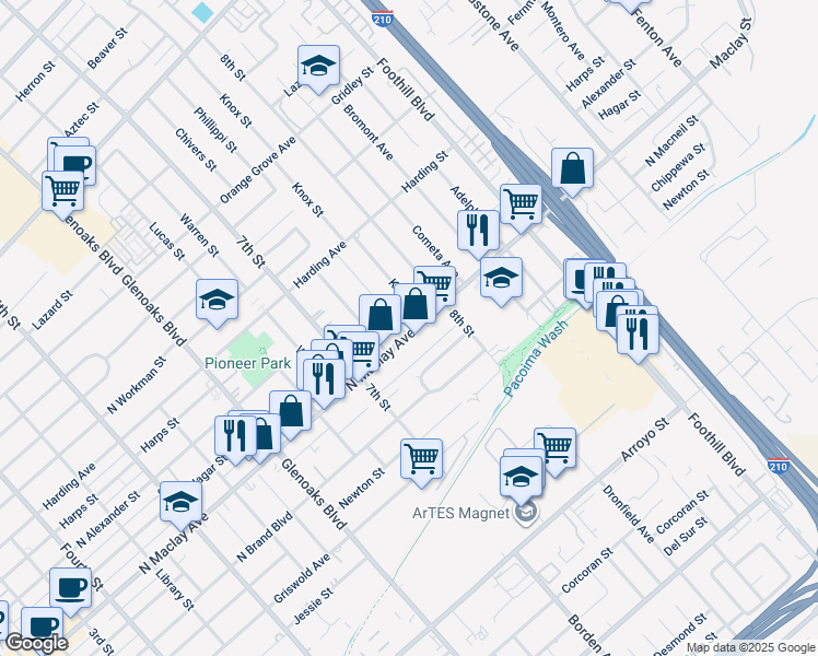 map of restaurants, bars, coffee shops, grocery stores, and more near 1123 Knox Street in San Fernando