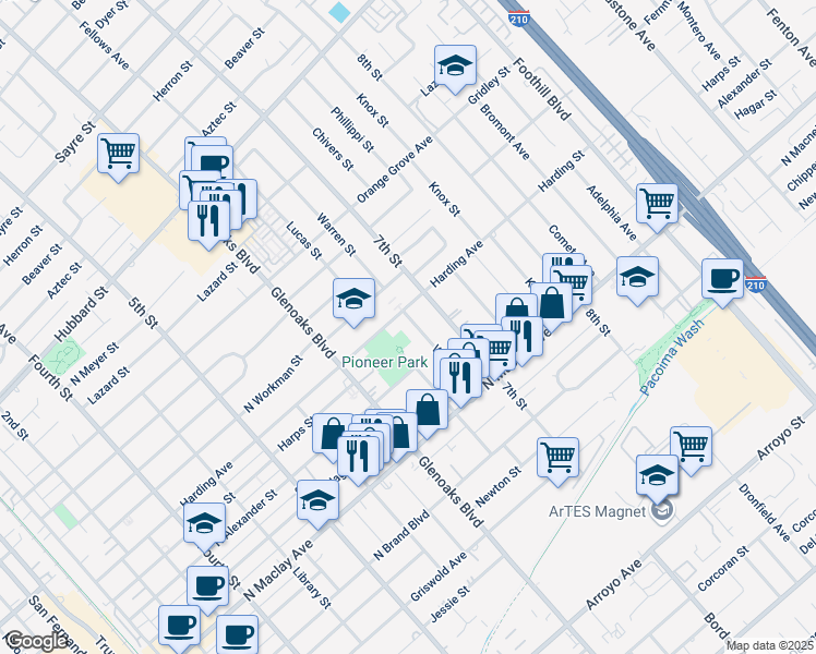 map of restaurants, bars, coffee shops, grocery stores, and more near 925 Harding Avenue in San Fernando