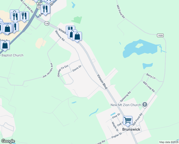 map of restaurants, bars, coffee shops, grocery stores, and more near 224-934 Highway 130 in Whiteville