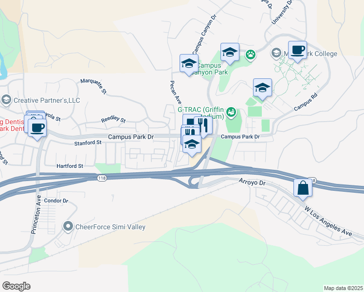 map of restaurants, bars, coffee shops, grocery stores, and more near 15218 Campus Park Drive in Moorpark