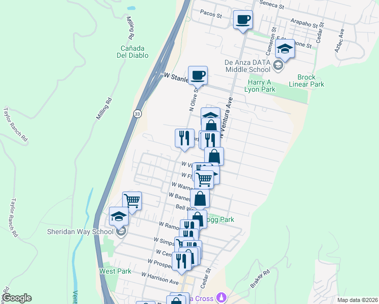 map of restaurants, bars, coffee shops, grocery stores, and more near 1349 North Olive Street in Ventura