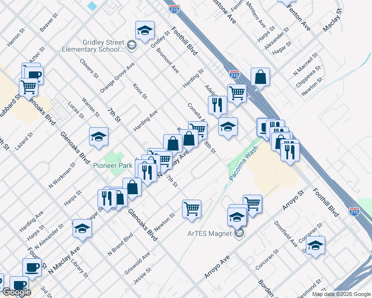 map of restaurants, bars, coffee shops, grocery stores, and more near in San Fernando