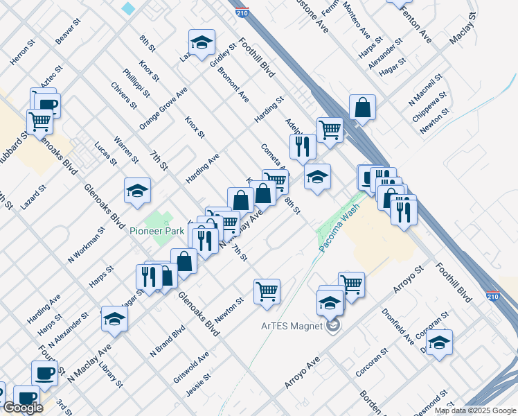 map of restaurants, bars, coffee shops, grocery stores, and more near 1101 North Maclay Avenue in San Fernando