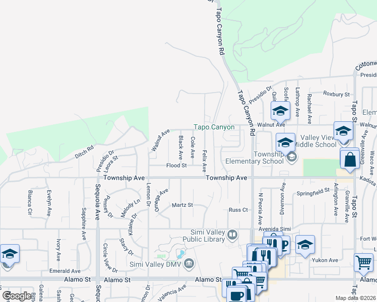 map of restaurants, bars, coffee shops, grocery stores, and more near 3348 Black Avenue in Simi Valley