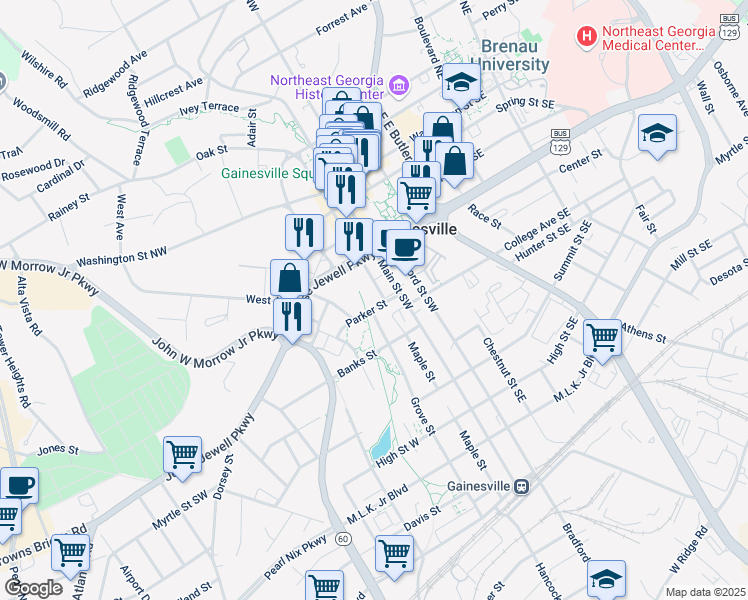 map of restaurants, bars, coffee shops, grocery stores, and more near 402 Maple Street in Gainesville