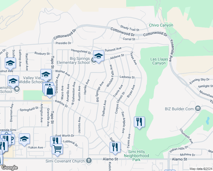 map of restaurants, bars, coffee shops, grocery stores, and more near 3348 Big Springs Avenue in Simi Valley