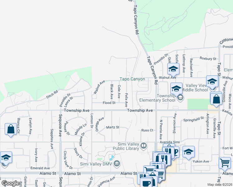 map of restaurants, bars, coffee shops, grocery stores, and more near 3348 Black Avenue in Simi Valley