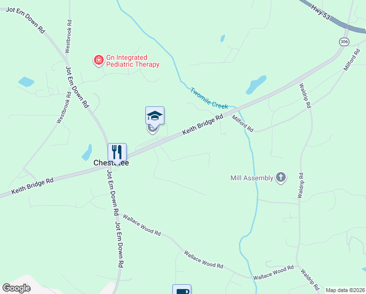 map of restaurants, bars, coffee shops, grocery stores, and more near 6950 Keith Bridge Road in Gainesville