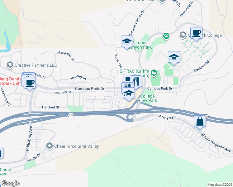map of restaurants, bars, coffee shops, grocery stores, and more near 6590 Marquette Street in Moorpark