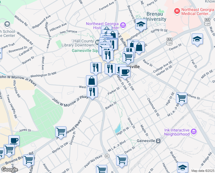 map of restaurants, bars, coffee shops, grocery stores, and more near 311 Georgia 60 in Gainesville