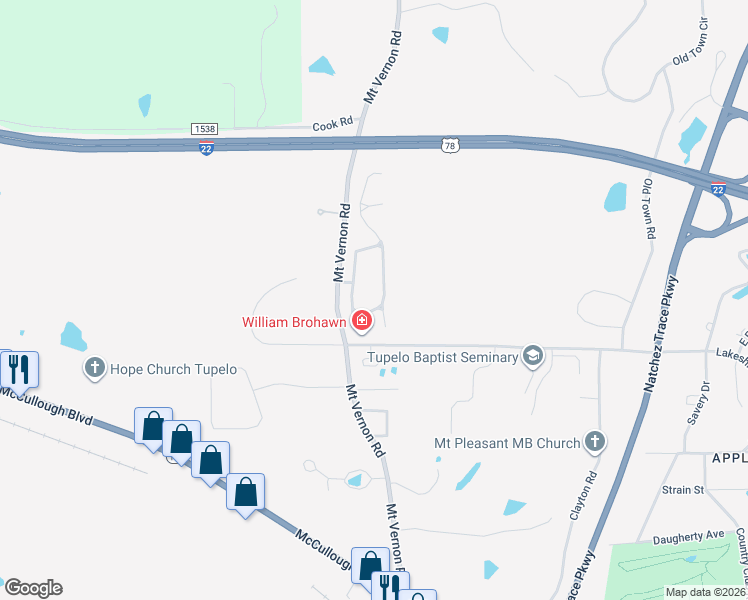 map of restaurants, bars, coffee shops, grocery stores, and more near Plantation Circle in Tupelo
