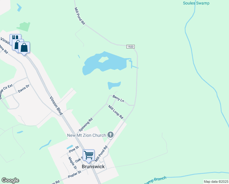 map of restaurants, bars, coffee shops, grocery stores, and more near 95 Berry Trail in Whiteville