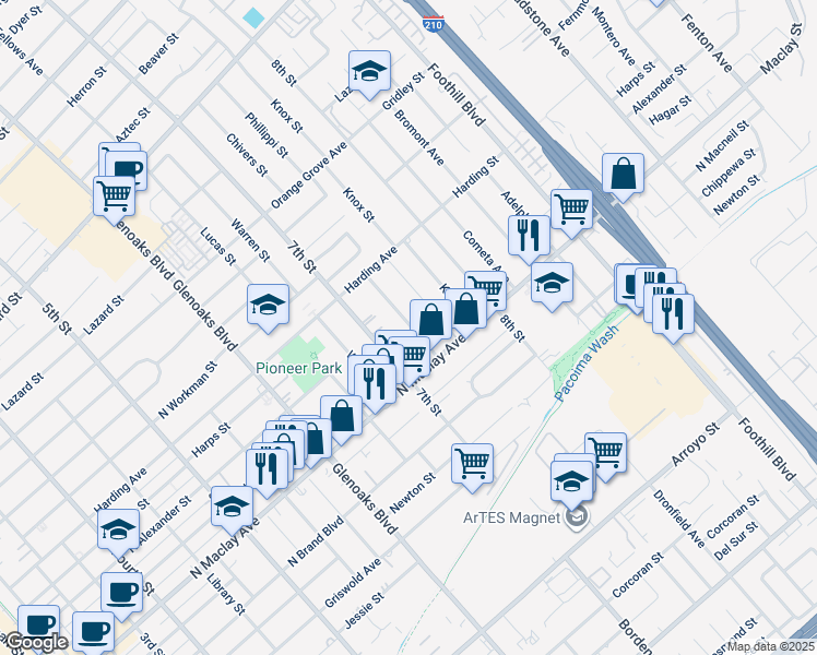 map of restaurants, bars, coffee shops, grocery stores, and more near 1206 Mountain View Street in San Fernando