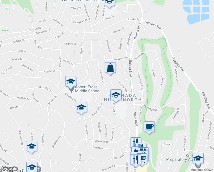 map of restaurants, bars, coffee shops, grocery stores, and more near 12330 Lithuania Drive in Los Angeles