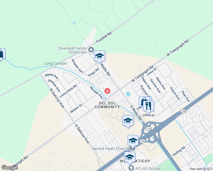 map of restaurants, bars, coffee shops, grocery stores, and more near 111 North Wells Road in Ventura