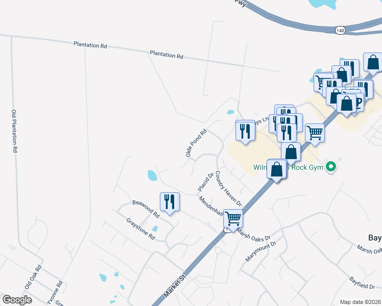 map of restaurants, bars, coffee shops, grocery stores, and more near 7846 Olde Pond Road in Wilmington