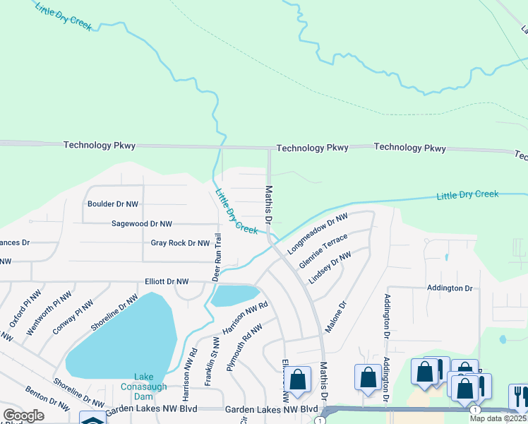 map of restaurants, bars, coffee shops, grocery stores, and more near 12 Pebblecreek Drive in Rome