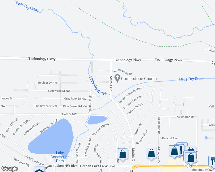 map of restaurants, bars, coffee shops, grocery stores, and more near 6 Stonecreek Drive Northwest in Rome