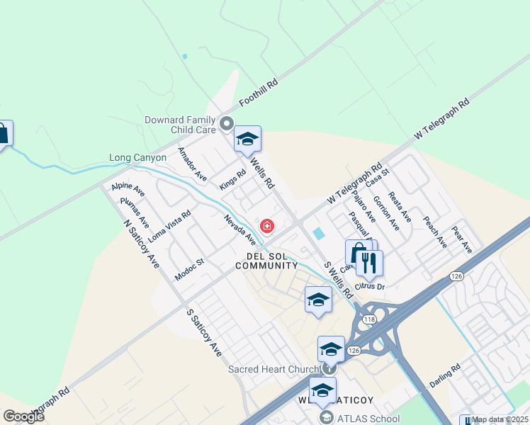 map of restaurants, bars, coffee shops, grocery stores, and more near 111 North Wells Road in Ventura