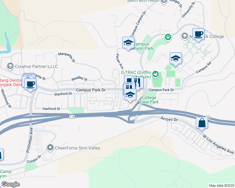 map of restaurants, bars, coffee shops, grocery stores, and more near 6590 Marquette Street in Moorpark