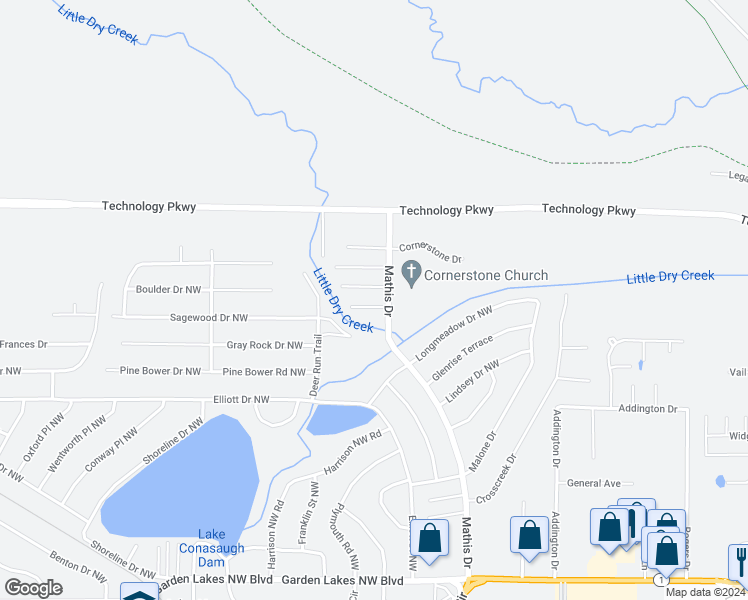 map of restaurants, bars, coffee shops, grocery stores, and more near 8 Stonecreek Drive Northwest in Rome