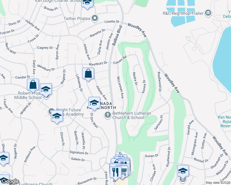map of restaurants, bars, coffee shops, grocery stores, and more near 12445 McLennan Avenue in Los Angeles