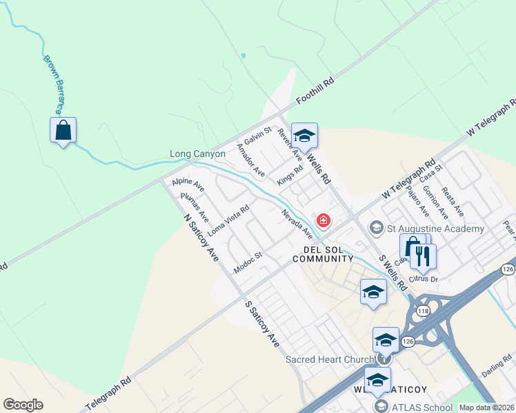 map of restaurants, bars, coffee shops, grocery stores, and more near 10696 Loma Vista Road in Ventura