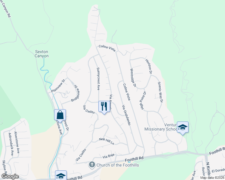 map of restaurants, bars, coffee shops, grocery stores, and more near 1054 Via Arroyo in Ventura