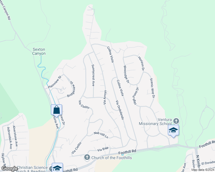 map of restaurants, bars, coffee shops, grocery stores, and more near 1054 Via Arroyo in Ventura