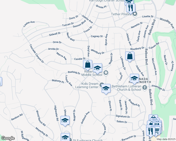 map of restaurants, bars, coffee shops, grocery stores, and more near 12419 Daryl Avenue in Los Angeles