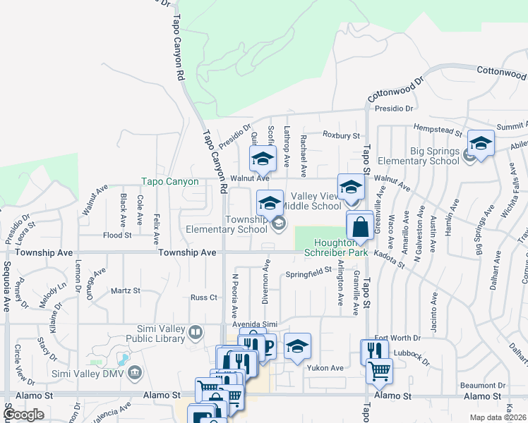 map of restaurants, bars, coffee shops, grocery stores, and more near 3334 Los Nogales Road in Simi Valley