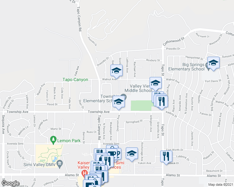 map of restaurants, bars, coffee shops, grocery stores, and more near 3309 Los Nogales Road in Simi Valley