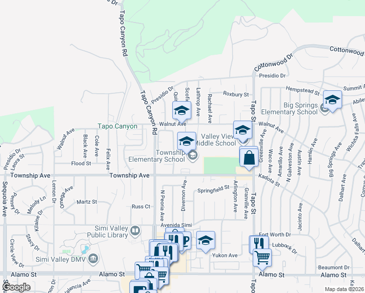 map of restaurants, bars, coffee shops, grocery stores, and more near 3309 Los Nogales Road in Simi Valley
