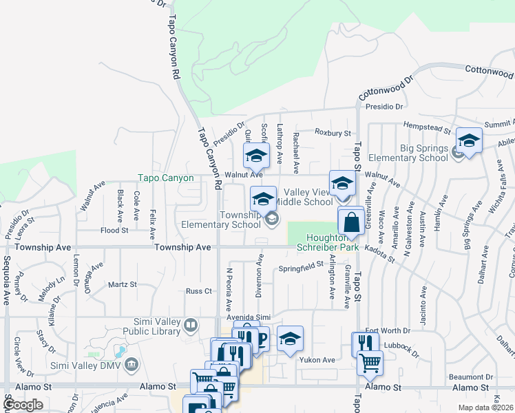 map of restaurants, bars, coffee shops, grocery stores, and more near 3334 Los Nogales Road in Simi Valley