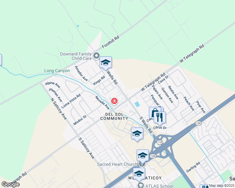 map of restaurants, bars, coffee shops, grocery stores, and more near 111 North Wells Road in Ventura